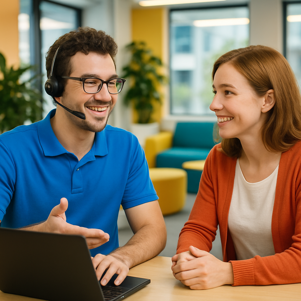 A friendly team member assisting a user